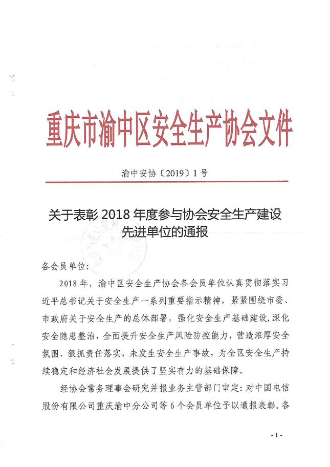 關于表彰2018年度參與協(xié)會安全生產建設先進單位的通報